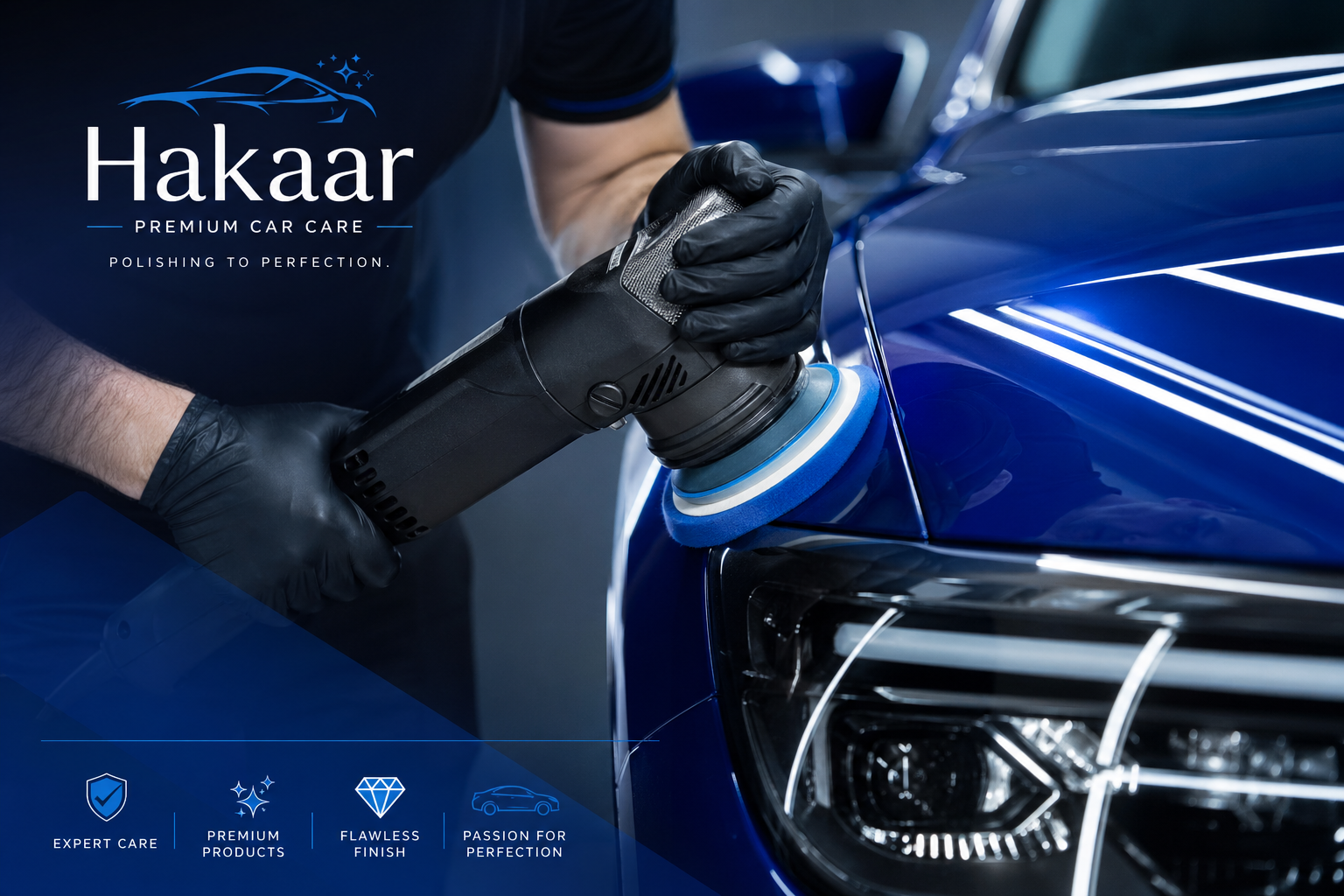 Professional machine polishing on a deep blue vehicle
